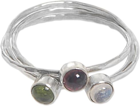 NOVICA Artisan Handmade Multigemstone Cocktail Ring Balinese Garnet Peridot Rainbow Moonstone .925 Sterling Silver Indonesia Modern Birthstone 'Memorable Trio' in Saudi Arabia