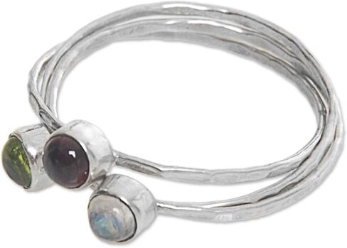 NOVICA Artisan Handmade Multigemstone Cocktail Ring Balinese Garnet Peridot Rainbow Moonstone .925 Sterling Silver Indonesia Modern Birthstone 'Memorable Trio' in Saudi Arabia