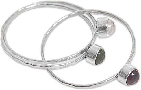 NOVICA Artisan Handmade Multigemstone Cocktail Ring Balinese Garnet Peridot Rainbow Moonstone .925 Sterling Silver Indonesia Modern Birthstone 'Memorable Trio' in Saudi Arabia