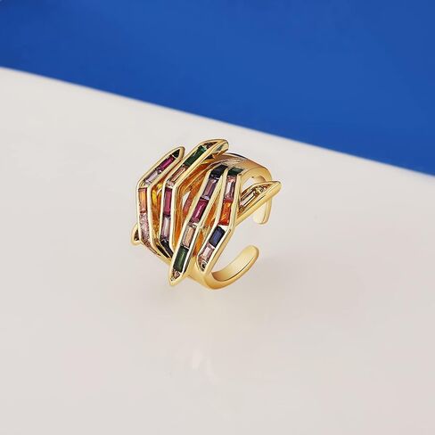 Ornaland Hand Finger Cuff Ring Colorful Cubic Zirconia Ring Real 18K Gold Plated Hug Ring Open Adjustable Finger Jewelry for Women, Gold, 16.5mm in Saudi Arabia