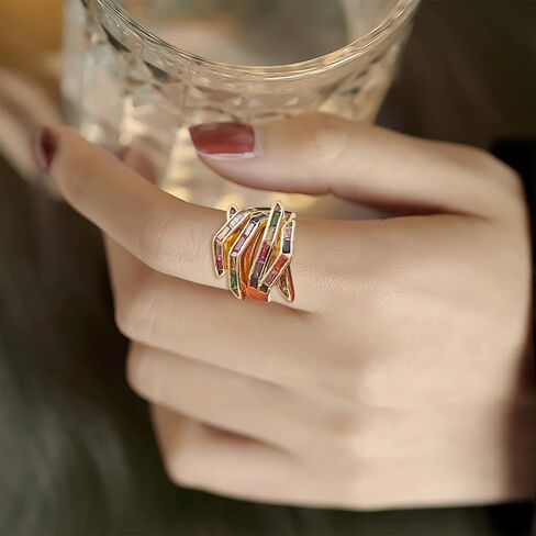 Ornaland Hand Finger Cuff Ring Colorful Cubic Zirconia Ring Real 18K Gold Plated Hug Ring Open Adjustable Finger Jewelry for Women, Gold, 16.5mm in Saudi Arabia