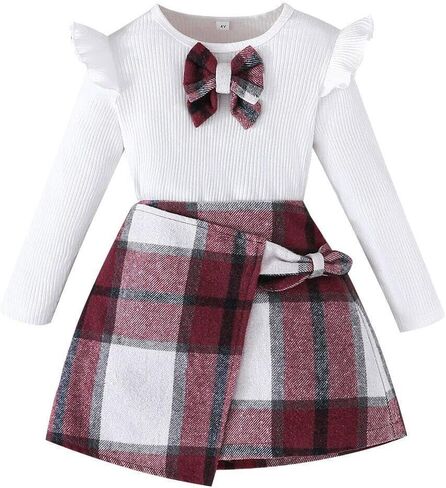Toddler Girl Plaid Outfits Girls Long Sleeve Knit Ribbed Shirt Plaid Skirt Set Fall Winter Clothes 2-7T in Saudi Arabia