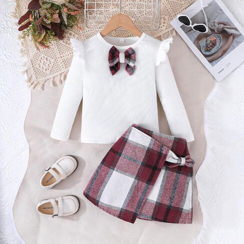 Toddler Girl Plaid Outfits Girls Long Sleeve Knit Ribbed Shirt Plaid Skirt Set Fall Winter Clothes 2-7T in Saudi Arabia