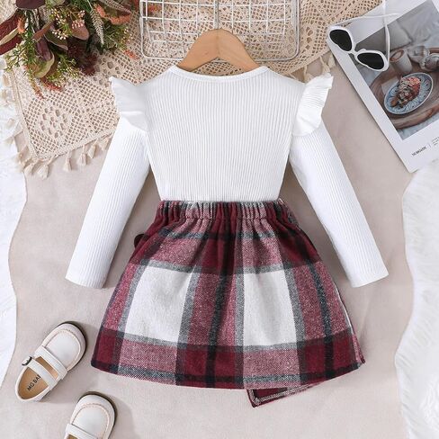 Toddler Girl Plaid Outfits Girls Long Sleeve Knit Ribbed Shirt Plaid Skirt Set Fall Winter Clothes 2-7T in Saudi Arabia