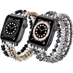 MOFREE 2 Pack Beaded Bracelet Compatible for Apple Watch Band 38mm 40mm 41mm 42mm 44mm 45mm Women,Fashion Handmade Elastic Stretch Strap for Apple iWatch Series SE 9 8 7 6 5 4 3 2 1