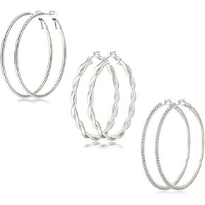 NEVEGE 3 Pairs Sterling Silver Hoops Earrings Large Silver Hoop Earrings for Women Hypoallergenic Lightweight Twisted Rhinestone Hoop Earrings Set 20/30/40/50/60/70MM
