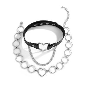Black Leather Choker Chain Punk Short Collar Chain Studded Love Heart Layered Choker Necklace Soft PU Leather Gothic Neck Accessories for Women and Girls