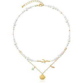 Layered Gold Shell Pendant Pearl Choker Necklace for Women with Coral and Dangle Starfish Conch Charm Necklace Adjustable 14K Gold Plated Link Chain Sea Star Summer Beach Ocean Jewelry Gift for Girls