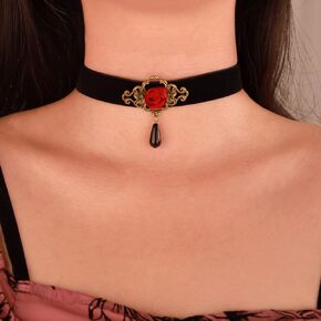 Chargances Gothic Red Rose Flower Necklace Black Velvet Choker Vempire Crystal Pendant Collar Halloween Costumes Jewelry for Women and Girls (Style 1)