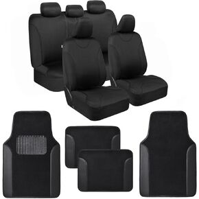 BDK Combo Double Trim Car Seat Covers (2 Front 1 Bench) Auto Carpet Floor Mats (4 Set) with Heavy Protection Interior Covers Two Tone Fresh Design All Protective - Beige Accent