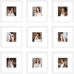 12x12 Picture Frame Set of 9, Display Pictures 8x8 with Mat or 12x12 without Mat, Multi Collage Gallery Square Photo Frames for Wall or Tabletop, White