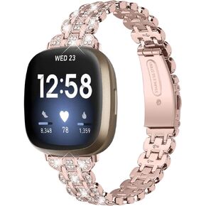 Replacement Watch Bands Compatible with Fitbit Versa 4/Sense 2 for Women,Stainless Steel Dressy Jewelry Bracelet Slim Bling Crystal Classy Diamond Metal Strap