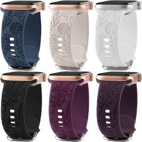 6 Pack Floral Engraved Silicone Bands Compatible with Apple Watch Band 40mm 41mm 38mm 42mm 44mm 45mm 49mm Women Flower Design Soft Sport Wristbands for iWatch Series 9/8/7/6/5/4/3/2/1/SE/Ultra
