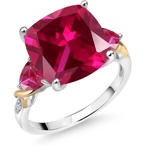 Gem Stone King 925 Silver and 10K Yellow Red Created Ruby and Diamond Ring For Women (8.87 Cttw, 12MM Cushion and 5mm Trillion, Available in Size 5,6,7,8,9)