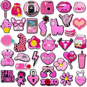 35Pcs Preppy Pink Shoe Charms for Clogs Sandals Bracelet Wristband Slippers Water Shoes, Cute Pink Aesthetic Shoe Decoration Charms for Kid Girls Party Favor Gifts in Kuwait