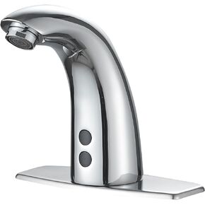 Touchless Bathroom Faucet Automatic Sensor Faucet Commercial, Hands-Free, Temperature Mixing Valve, Battery or Plug-in Powered, Faucet with Deck Plate, Chrome