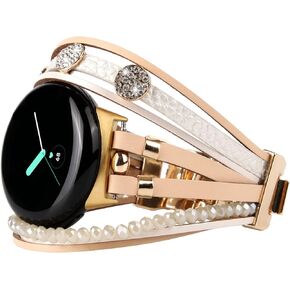 Compatible with Google Pixel Watch 2 (2023)/ Pixel Watch Band, Slim Handmade Leather Bracelets Boho Bead Metal Jewelry Strap Multilayer Wrap Wristband Accessories for Women