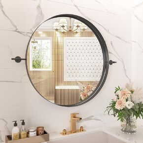 Black Pivot Round Mirror 30 Inch Circle Metal Framed Farmhouse Bathroom Mirror Tilting Beveled Vanity Mirrors for Wall