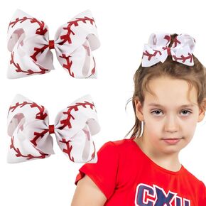 2Pcs Softball Hair Bow Clips 4.5" Grosgrain Ribbon Bows with Alligator Clips Hair Barrettes Hair Accessories for Little Girls Teens Toddlers (white)