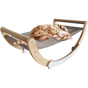 3 in 1 Premium Elevated Cat Swing Bed + Horizontal Sisal Scratcher - Stylish Furniture Lounger with Scratching. Cat Calming Rocking Chair and Cat Hammock. Raised Cat Chair for Indoor Cats
