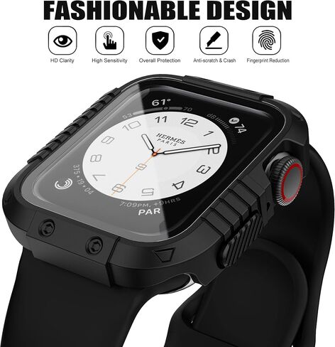 GELISHI Hard Case Compatible with Apple Watch Case 44mm, Rugged Protective Case Cover with Tempered Glass Screen Protector for Watch SE/Series 6 5 4, Black in Saudi Arabia