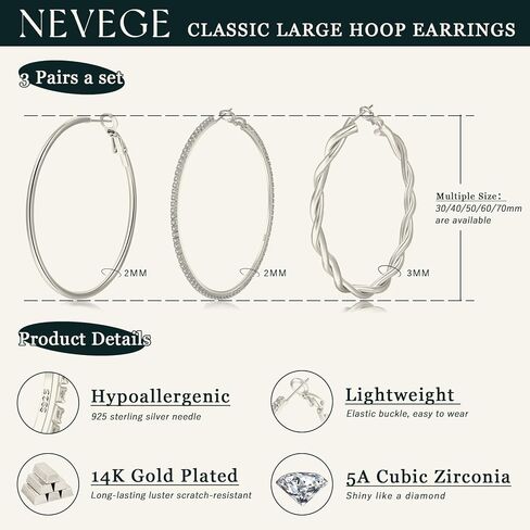 NEVEGE 3 Pairs Sterling Silver Hoops Earrings Large Silver Hoop Earrings for Women Hypoallergenic Lightweight Twisted Rhinestone Hoop Earrings Set 20/30/40/50/60/70MM in Saudi Arabia