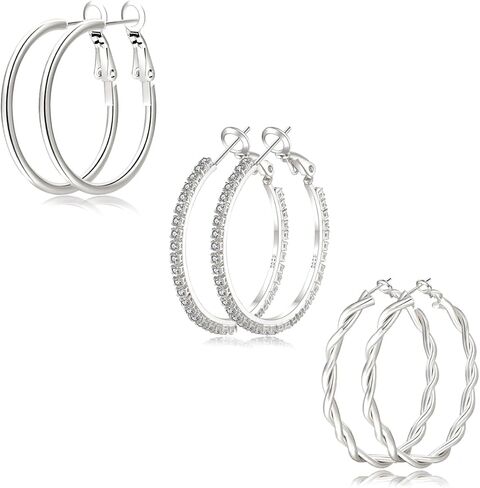 NEVEGE 3 Pairs Sterling Silver Hoops Earrings Large Silver Hoop Earrings for Women Hypoallergenic Lightweight Twisted Rhinestone Hoop Earrings Set 20/30/40/50/60/70MM in Saudi Arabia