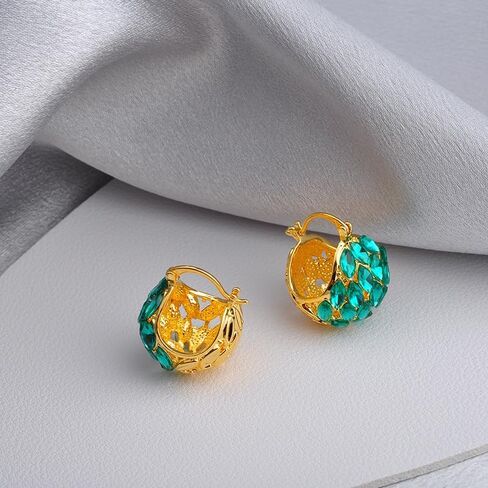 Gold and Silver Crystal Hoop Earrings Large Malachite Green Chunky Earrings with S925 Silver Pin in Saudi Arabia