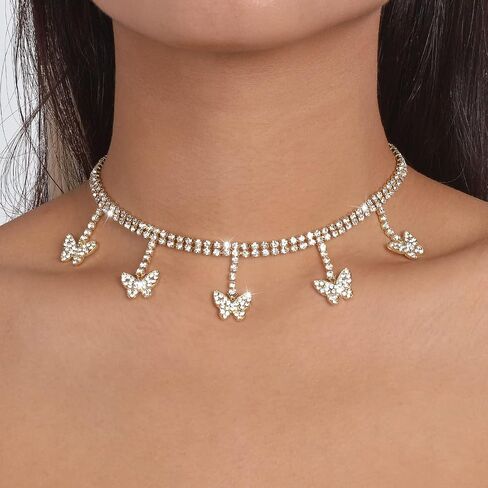 Chargances Sparkly Rhinestone Butterfly Pendant Choker Gold Statement Crystal Necklace Dainty Butterfly Jewerly for Women and Girls in Saudi Arabia