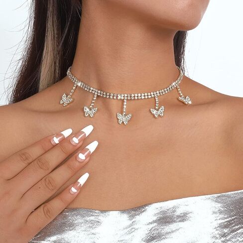 Chargances Sparkly Rhinestone Butterfly Pendant Choker Gold Statement Crystal Necklace Dainty Butterfly Jewerly for Women and Girls in Saudi Arabia