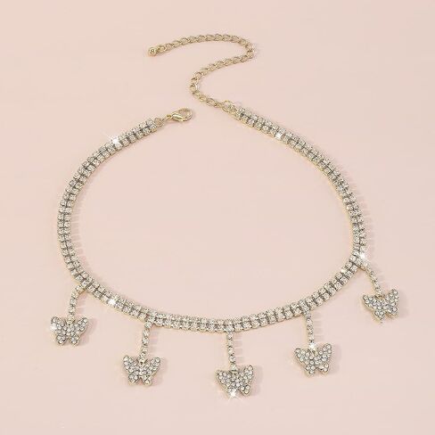 Chargances Sparkly Rhinestone Butterfly Pendant Choker Gold Statement Crystal Necklace Dainty Butterfly Jewerly for Women and Girls in Saudi Arabia