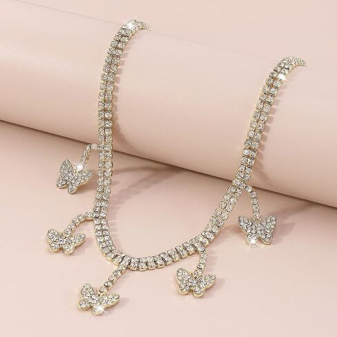 Chargances Sparkly Rhinestone Butterfly Pendant Choker Gold Statement Crystal Necklace Dainty Butterfly Jewerly for Women and Girls in Saudi Arabia