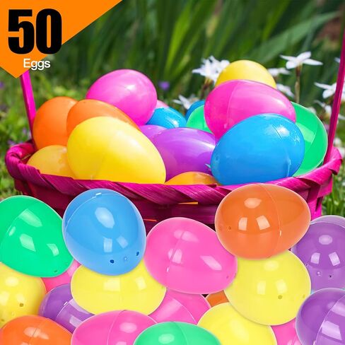 Plastic Easter Eggs Surprise Toy Eggs Colorful Bright Assortment Assorted Colors Easter Eggs Empty for Crafts Basket Stuffers Easter Party Hunt Games (50-Pack) in Kuwait