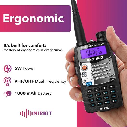 Mirkit Baofeng UV-5RA 5W Power 2024 VHF/UHF 144-148/420-450 ميجا هرتز راديو ثنائي الاتجاه مع بطارية ليثيوم أيون Baofeng 1800 مللي أمبير في الساعة وحبل Mirkit لجهاز الاتصال اللاسلكي - راديو هام ثنائي النطاق in Saudi Arabia