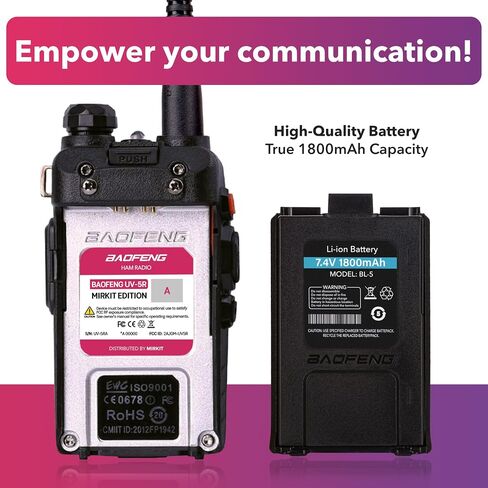 Mirkit Baofeng UV-5RA 5W Power 2024 VHF/UHF 144-148/420-450 ميجا هرتز راديو ثنائي الاتجاه مع بطارية ليثيوم أيون Baofeng 1800 مللي أمبير في الساعة وحبل Mirkit لجهاز الاتصال اللاسلكي - راديو هام ثنائي النطاق in Saudi Arabia