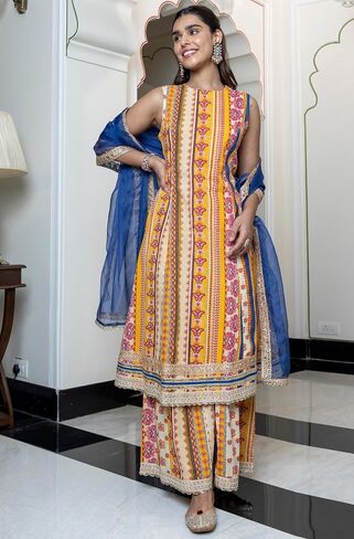 Janasya Indian Women's Multicolor Cotton Ethnic Printed Kurta with Palazzo and Dupatta in Saudi Arabia