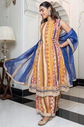 Janasya Indian Women's Multicolor Cotton Ethnic Printed Kurta with Palazzo and Dupatta in Saudi Arabia