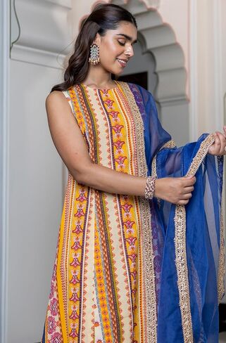 Janasya Indian Women's Multicolor Cotton Ethnic Printed Kurta with Palazzo and Dupatta in Saudi Arabia