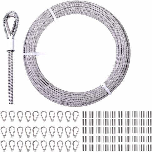 طقم كابل سلكي 100 قدم 1/8 بوصة، 304 كابل من الفولاذ المقاوم للصدأ 7x7 جدائل أساسية حبل سلك كابل للطائرة لكابل سياج الحديقة، مجموعة تعليق خارجية، شراع ظل الفناء، درابزين الدرج، حبل الغسيل in Kuwait