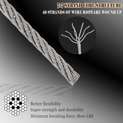 طقم كابل سلكي 100 قدم 1/8 بوصة، 304 كابل من الفولاذ المقاوم للصدأ 7x7 جدائل أساسية حبل سلك كابل للطائرة لكابل سياج الحديقة، مجموعة تعليق خارجية، شراع ظل الفناء، درابزين الدرج، حبل الغسيل in Kuwait