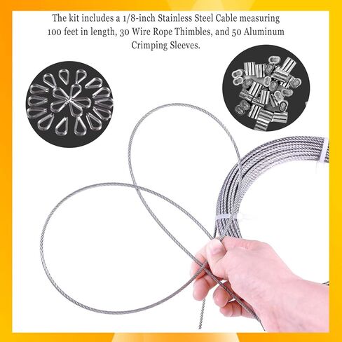 طقم كابل سلكي 100 قدم 1/8 بوصة، 304 كابل من الفولاذ المقاوم للصدأ 7x7 جدائل أساسية حبل سلك كابل للطائرة لكابل سياج الحديقة، مجموعة تعليق خارجية، شراع ظل الفناء، درابزين الدرج، حبل الغسيل in Kuwait