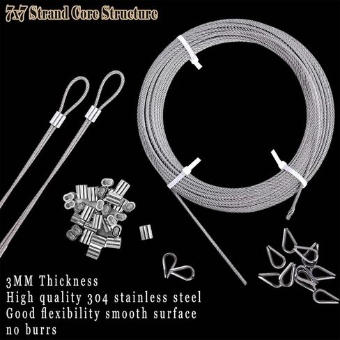 طقم كابل سلكي 100 قدم 1/8 بوصة، 304 كابل من الفولاذ المقاوم للصدأ 7x7 جدائل أساسية حبل سلك كابل للطائرة لكابل سياج الحديقة، مجموعة تعليق خارجية، شراع ظل الفناء، درابزين الدرج، حبل الغسيل in Kuwait