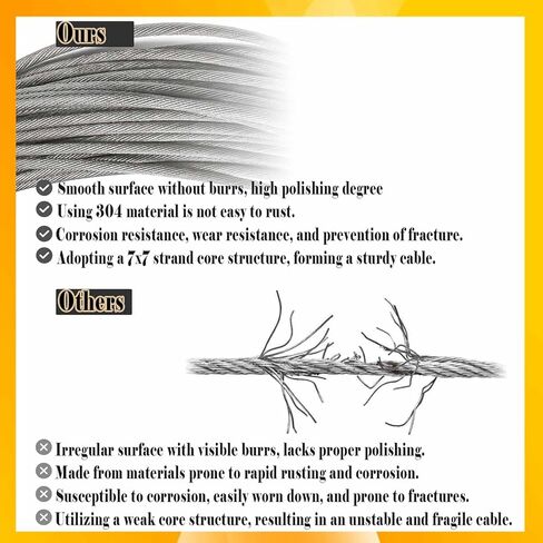 طقم كابل سلكي 100 قدم 1/8 بوصة، 304 كابل من الفولاذ المقاوم للصدأ 7x7 جدائل أساسية حبل سلك كابل للطائرة لكابل سياج الحديقة، مجموعة تعليق خارجية، شراع ظل الفناء، درابزين الدرج، حبل الغسيل in Kuwait