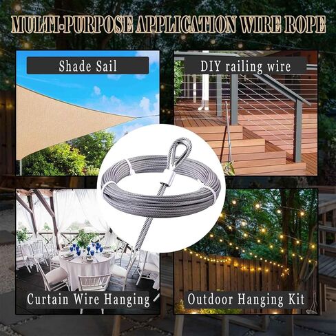 طقم كابل سلكي 100 قدم 1/8 بوصة، 304 كابل من الفولاذ المقاوم للصدأ 7x7 جدائل أساسية حبل سلك كابل للطائرة لكابل سياج الحديقة، مجموعة تعليق خارجية، شراع ظل الفناء، درابزين الدرج، حبل الغسيل in Kuwait