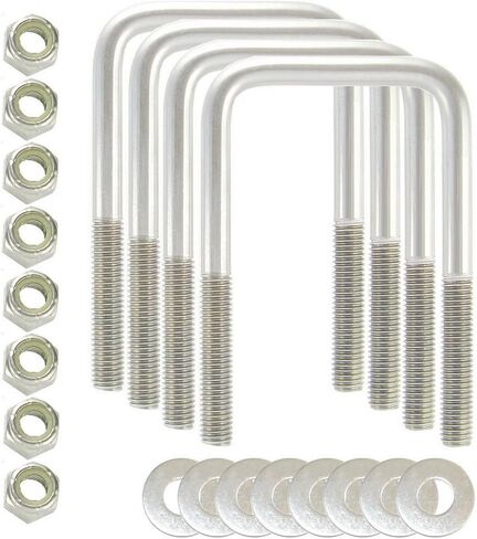 صنع في الولايات المتحدة الأمريكية (4) 304 مسامير مربعة من الفولاذ المقاوم للصدأ على شكل حرف U بقطر 1/2 بوصة × عرض داخلي 3-1/16 بوصة × ارتفاع داخلي 5-5/16 بوصة مع صواميل وغسالات قفل SS للقوارب ومقطورات المرافق التي تناسب Dn أكثر من 3 بوصات معدنية in Kuwait