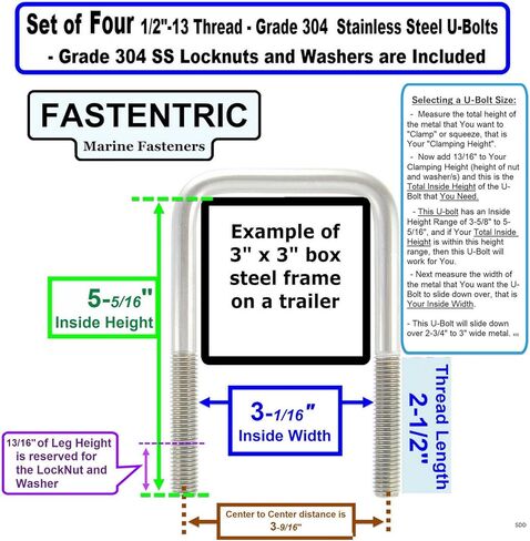 صنع في الولايات المتحدة الأمريكية (4) 304 مسامير مربعة من الفولاذ المقاوم للصدأ على شكل حرف U بقطر 1/2 بوصة × عرض داخلي 3-1/16 بوصة × ارتفاع داخلي 5-5/16 بوصة مع صواميل وغسالات قفل SS للقوارب ومقطورات المرافق التي تناسب Dn أكثر من 3 بوصات معدنية in Kuwait