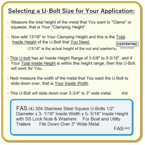 صنع في الولايات المتحدة الأمريكية (4) 304 مسامير مربعة من الفولاذ المقاوم للصدأ على شكل حرف U بقطر 1/2 بوصة × عرض داخلي 3-1/16 بوصة × ارتفاع داخلي 5-5/16 بوصة مع صواميل وغسالات قفل SS للقوارب ومقطورات المرافق التي تناسب Dn أكثر من 3 بوصات معدنية in Kuwait