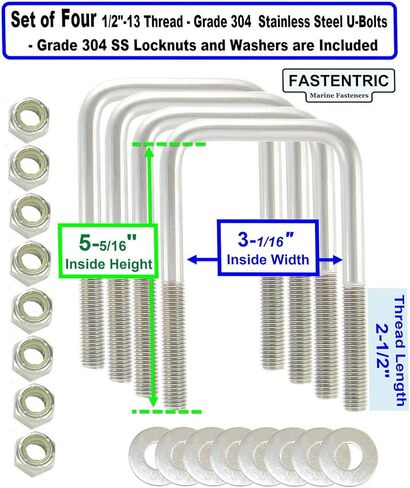 صنع في الولايات المتحدة الأمريكية (4) 304 مسامير مربعة من الفولاذ المقاوم للصدأ على شكل حرف U بقطر 1/2 بوصة × عرض داخلي 3-1/16 بوصة × ارتفاع داخلي 5-5/16 بوصة مع صواميل وغسالات قفل SS للقوارب ومقطورات المرافق التي تناسب Dn أكثر من 3 بوصات معدنية in Kuwait