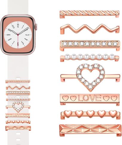 Watch Band Charms Set,Cute Metal Decorative Ring Loops Charms for iWatch Series 7 6 5 4 3 2 1 Silicone Watchband Decorative Charms for iwatch 45mm 41mm 44mm 40mm 42mm 38mm Metal Diamond Charms Accessories (No Band) in Kuwait