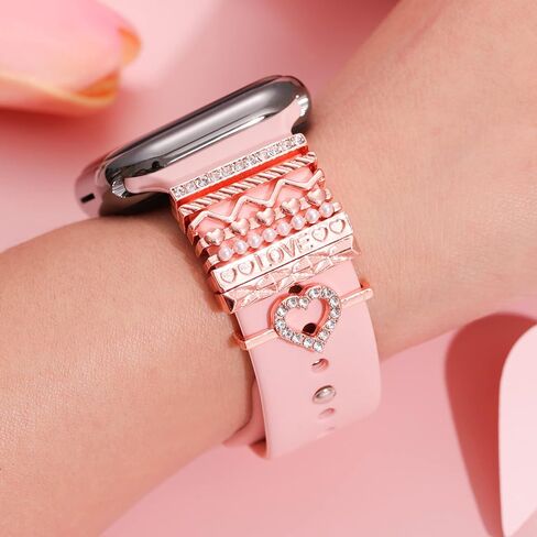 Watch Band Charms Set,Cute Metal Decorative Ring Loops Charms for iWatch Series 7 6 5 4 3 2 1 Silicone Watchband Decorative Charms for iwatch 45mm 41mm 44mm 40mm 42mm 38mm Metal Diamond Charms Accessories (No Band) in Kuwait